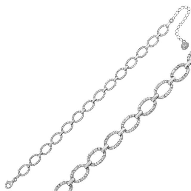 Sterling Silver Oval Link Bracelet - Dazzling Zirconia Pave