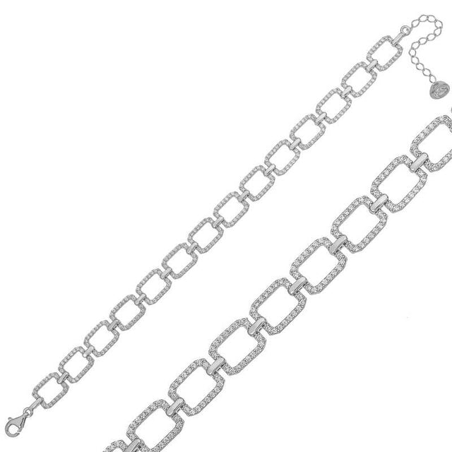 Sterling Silver Zirconia Paved Rectangle Link Bracelet