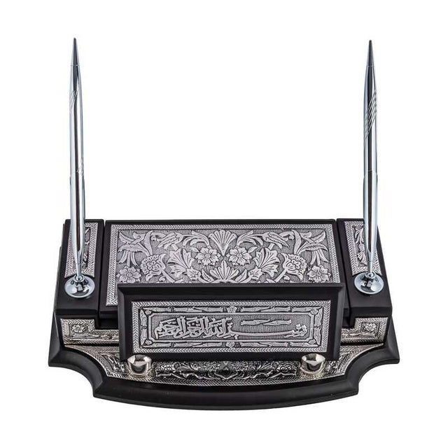 Ornate Desk Pen Holder - Silver-Tone Floral & Calligraphy Design