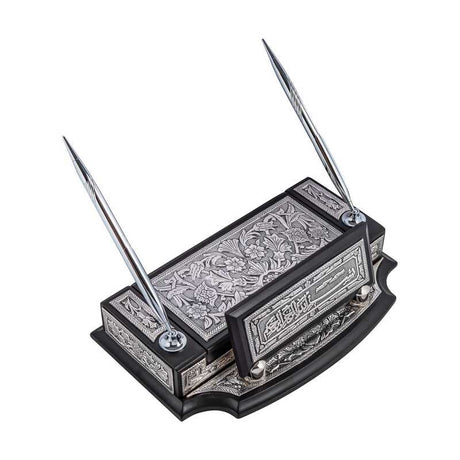 Ornate Desk Pen Holder - Silver-Tone Floral & Calligraphy Design
