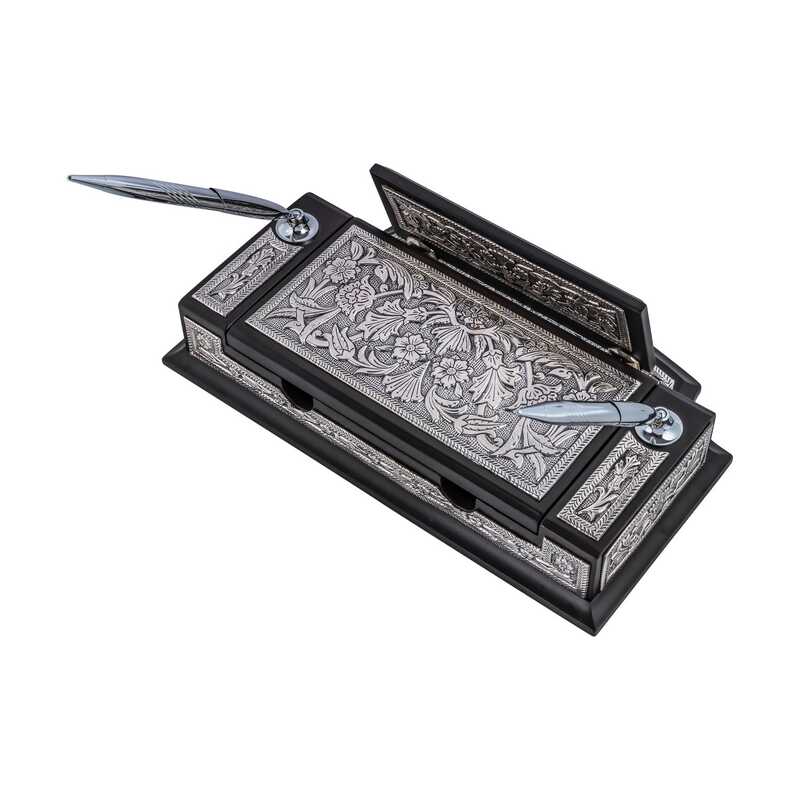 Ornate Desk Pen Holder - Silver-Tone Floral & Calligraphy Design