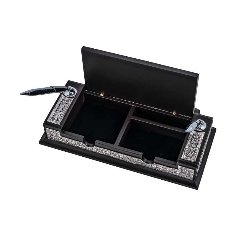 Ornate Desk Pen Holder - Silver-Tone Floral & Calligraphy Design