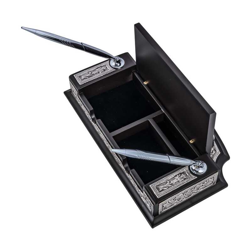 Ornate Desk Pen Holder - Silver-Tone Floral & Calligraphy Design