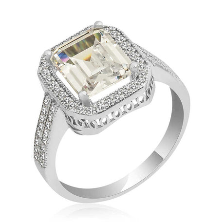 Ring - Silver-Tone Emerald Cut Cubic Zirconia Halo Ring