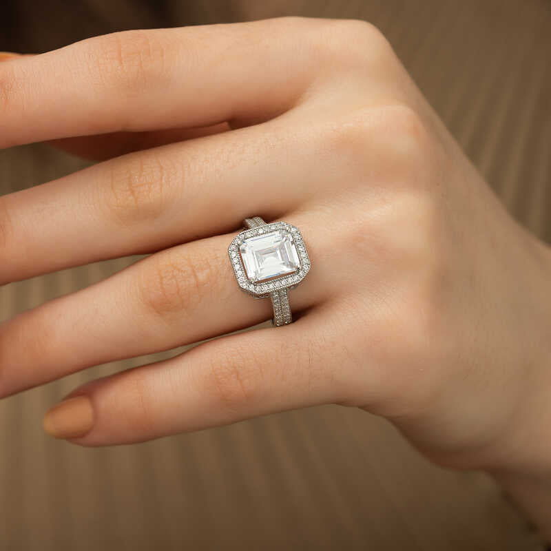 Ring - Silver-Tone Emerald Cut Cubic Zirconia Halo Ring