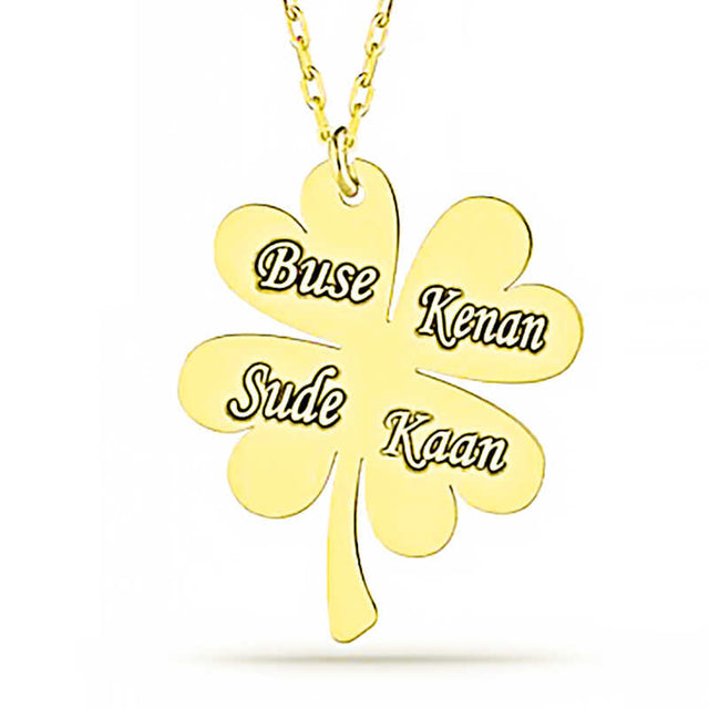 Gold Plated Four-Leaf Clover Name Necklace - Personalized Engraved Charm