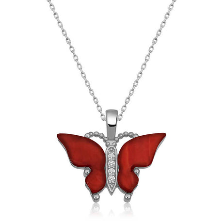 Sterling Silver Butterfly Pendant Necklace - Red Stone & Zirconia