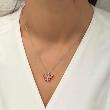 Sterling Silver Butterfly Pendant Necklace - Red Stone & Zirconia