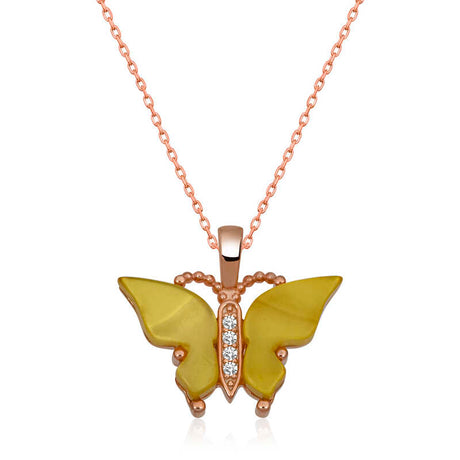 Rose Gold Plated Sterling Silver Yellow Tiger's Eye Butterfly Necklace