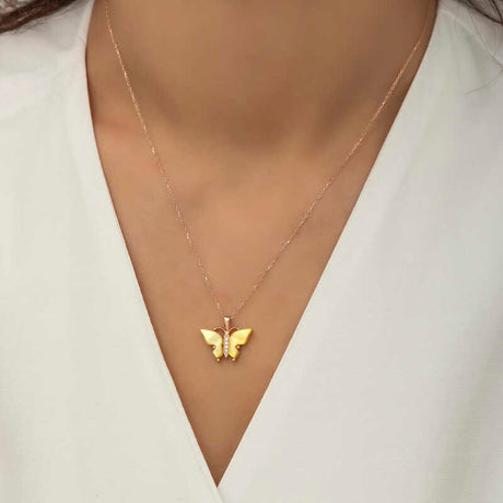 Rose Gold Plated Sterling Silver Yellow Tiger's Eye Butterfly Necklace