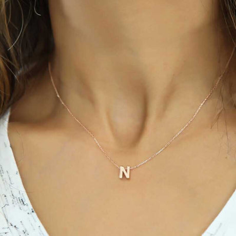 Dainty Initial Necklace - Rose Gold Tone 3D Letter 'N'