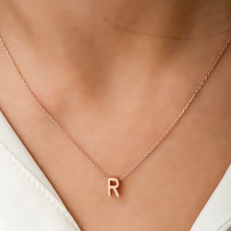 Rose Gold-Tone Initial 'R' Letter Necklace - Minimalist Dainty Design