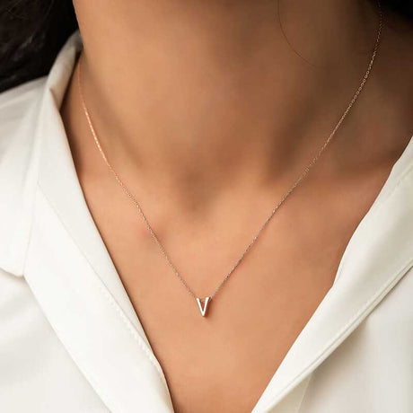 Rose Gold Plated Sterling Silver V Letter Dainty Necklace