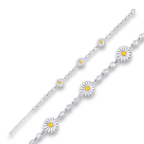 Sterling Silver - Dainty Daisy & Zircon Floral Bracelet