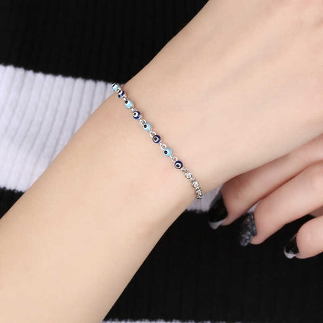 Sterling Silver Dainty Evil Eye Charm Bracelet - Minimalist Protection