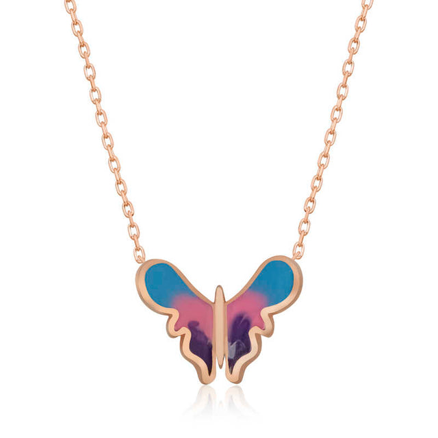 Rose Gold Tone Butterfly Necklace - Minimalist Enamel Design