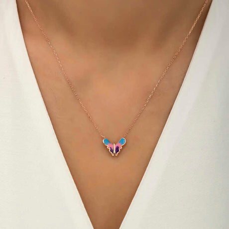 Rose Gold Tone Butterfly Necklace - Minimalist Enamel Design