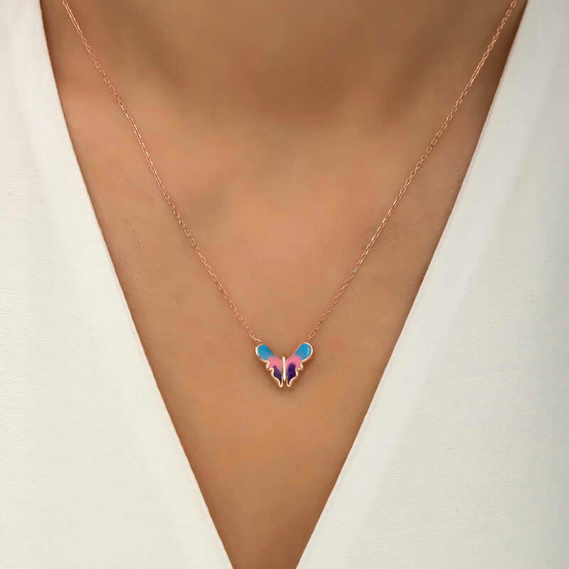 Rose Gold Tone Butterfly Necklace - Minimalist Enamel Design
