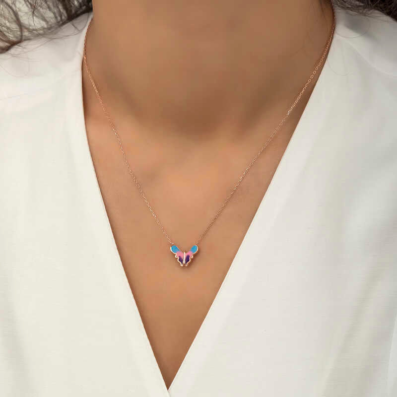Rose Gold Tone Butterfly Necklace - Minimalist Enamel Design