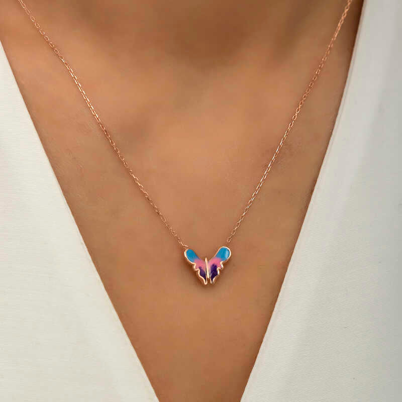 Rose Gold Tone Butterfly Necklace - Minimalist Enamel Design