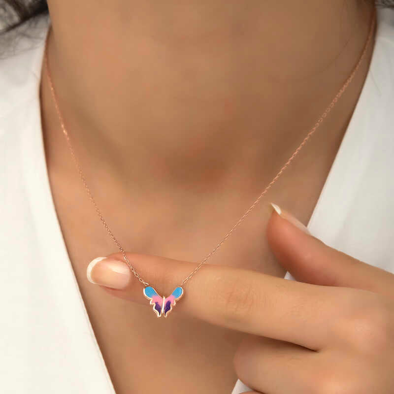 Rose Gold Tone Butterfly Necklace - Minimalist Enamel Design