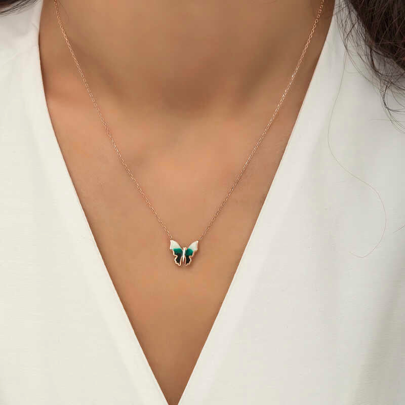 Rose Gold Plated Necklace - Minimalist Butterfly Enamel Pendant