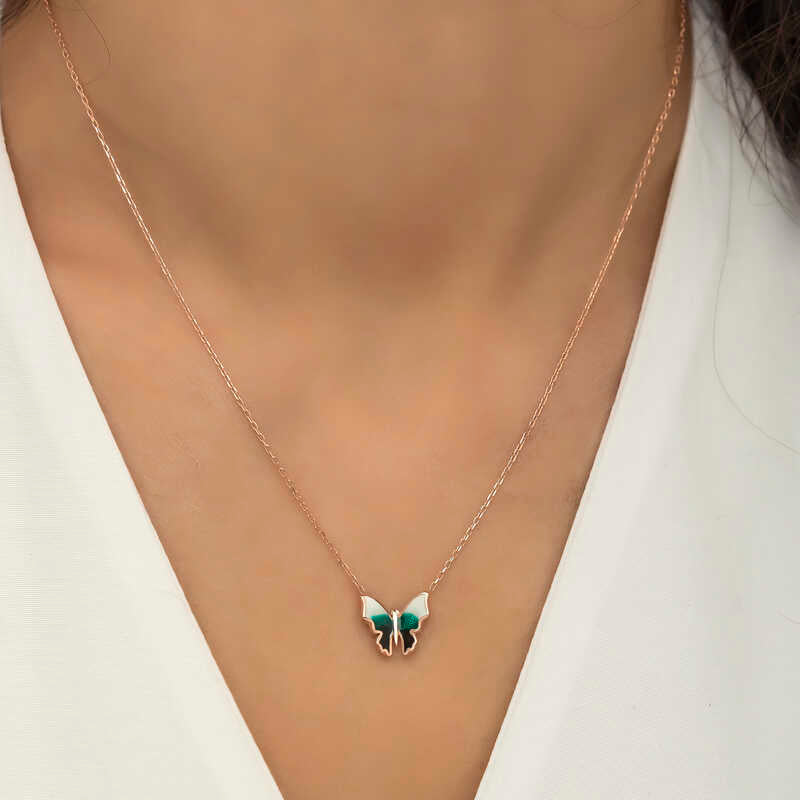 Rose Gold Plated Necklace - Minimalist Butterfly Enamel Pendant