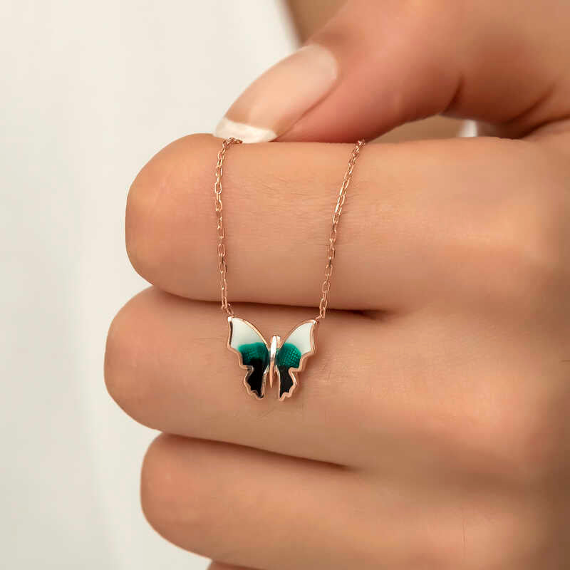 Rose Gold Plated Necklace - Minimalist Butterfly Enamel Pendant
