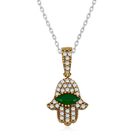 Authentic Hamsa Hand Necklace - Sterling Silver & Gold-Tone with Zirconia
