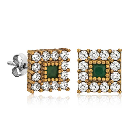 Stud Earrings - Gold-Tone Emerald Green & Clear Stone Vintage Square