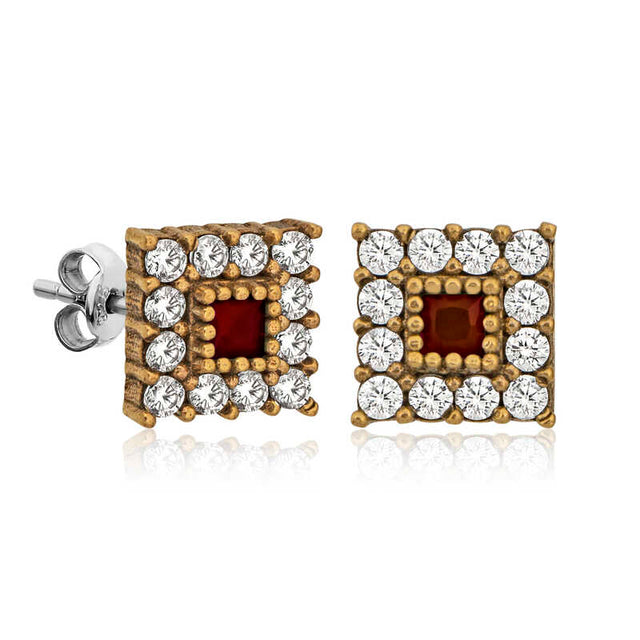 Stud Earrings - Gold-Tone Authentic Square with Red & White Sparkle