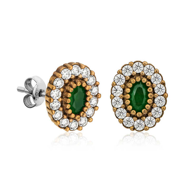 Stud Earrings - Sterling Silver Gold-Tone Emerald Style Halo