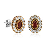 Stud Earrings - Vintage Gold-Tone Ruby Red & Crystal Halo