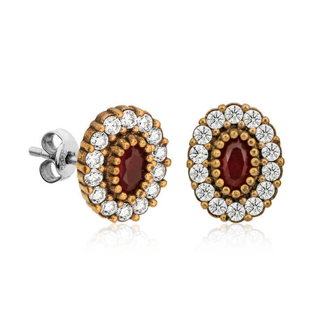 Stud Earrings - Vintage Gold-Tone Ruby Red & Crystal Halo