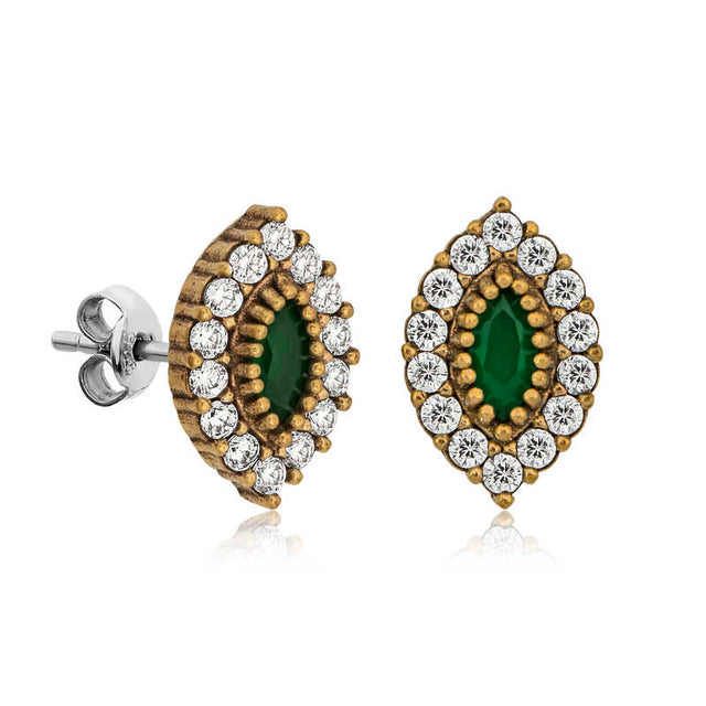 Authentic Silver Stud Earrings - Green Zirconia & White Halo