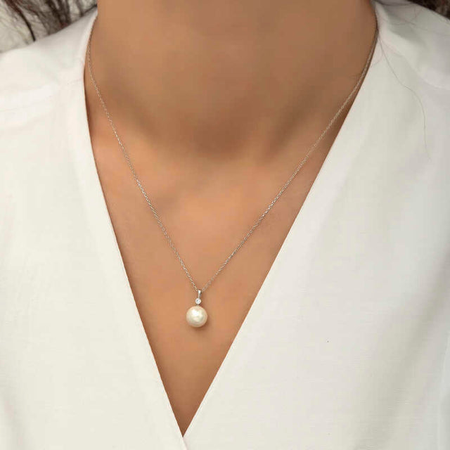 Pearl Necklace - Dainty Silver-Tone Solitaire with Clear Accent