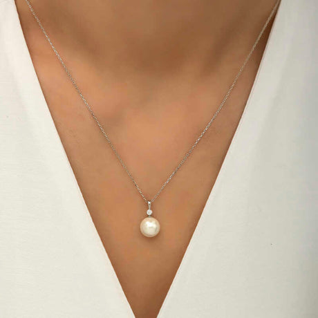 Pearl Necklace - Dainty Silver-Tone Solitaire with Clear Accent