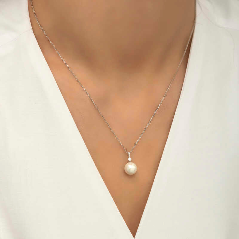 Pearl Necklace - Dainty Silver-Tone Solitaire with Clear Accent