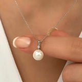 Pearl Necklace - Dainty Silver-Tone Solitaire with Clear Accent
