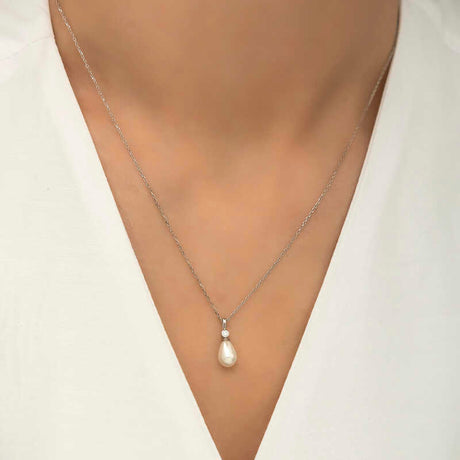 Sterling Silver Pearl Necklace - Elegant Teardrop Solitaire