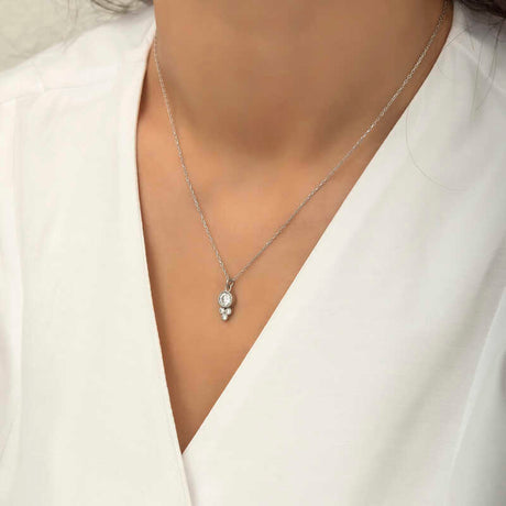 Necklace - Sterling Silver Simulated Diamond Dewdrop Cluster