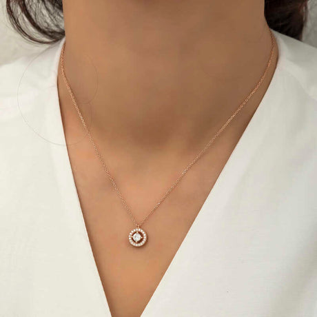 Necklace - Rose Gold Plated Silver Zirconia Halo Solitaire