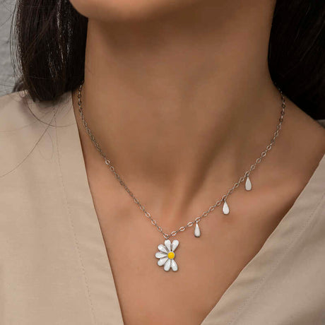 Sterling Silver Daisy Necklace - Dainty Floral & Teardrop Charm
