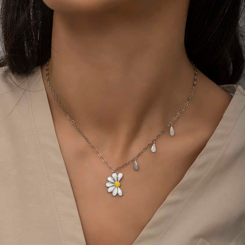 Sterling Silver Daisy Necklace - Dainty Floral & Teardrop Charm