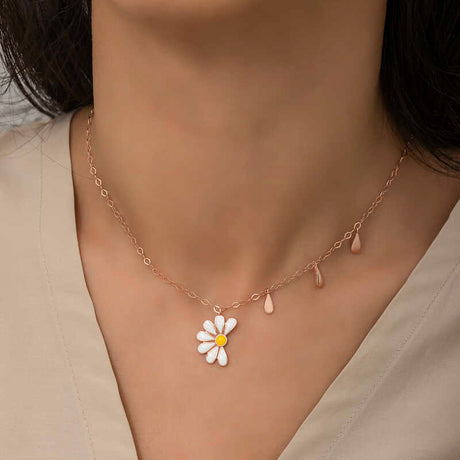 Necklace - Rose Gold Plated Silver Daisy & Dainty Teardrop Charms