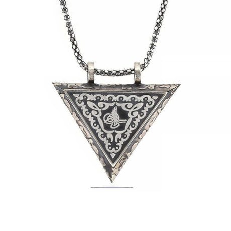 Sterling Silver Ottoman Tughra Amulet Necklace - Triangular Locket