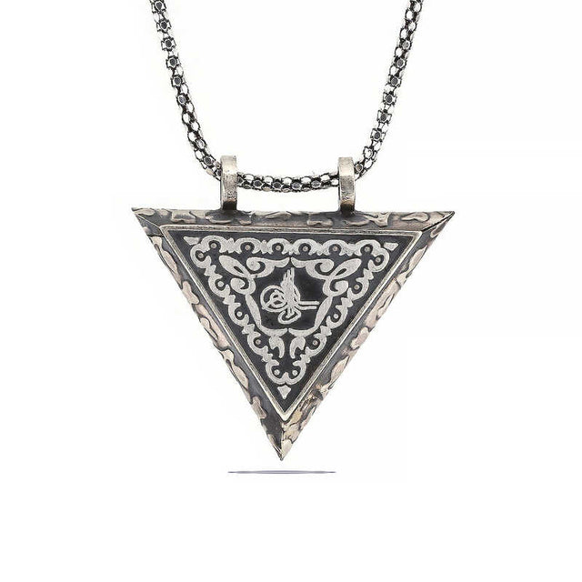 Sterling Silver Ottoman Tughra Amulet Necklace - Triangular Locket