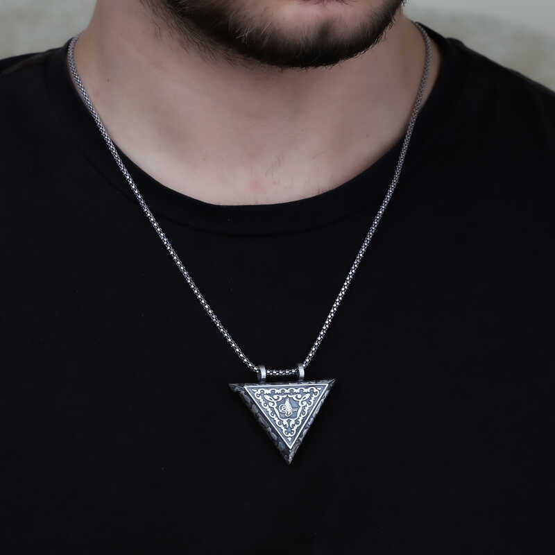 Sterling Silver Ottoman Tughra Amulet Necklace - Triangular Locket