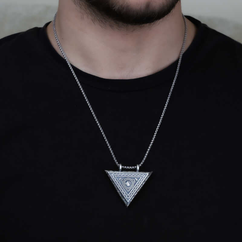 Oxidized Sterling Silver Triangular Amulet Necklace - Ottoman Tughra