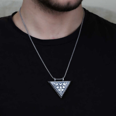 Sterling Silver Triangle Locket Necklace - Engraved Floral Amulet